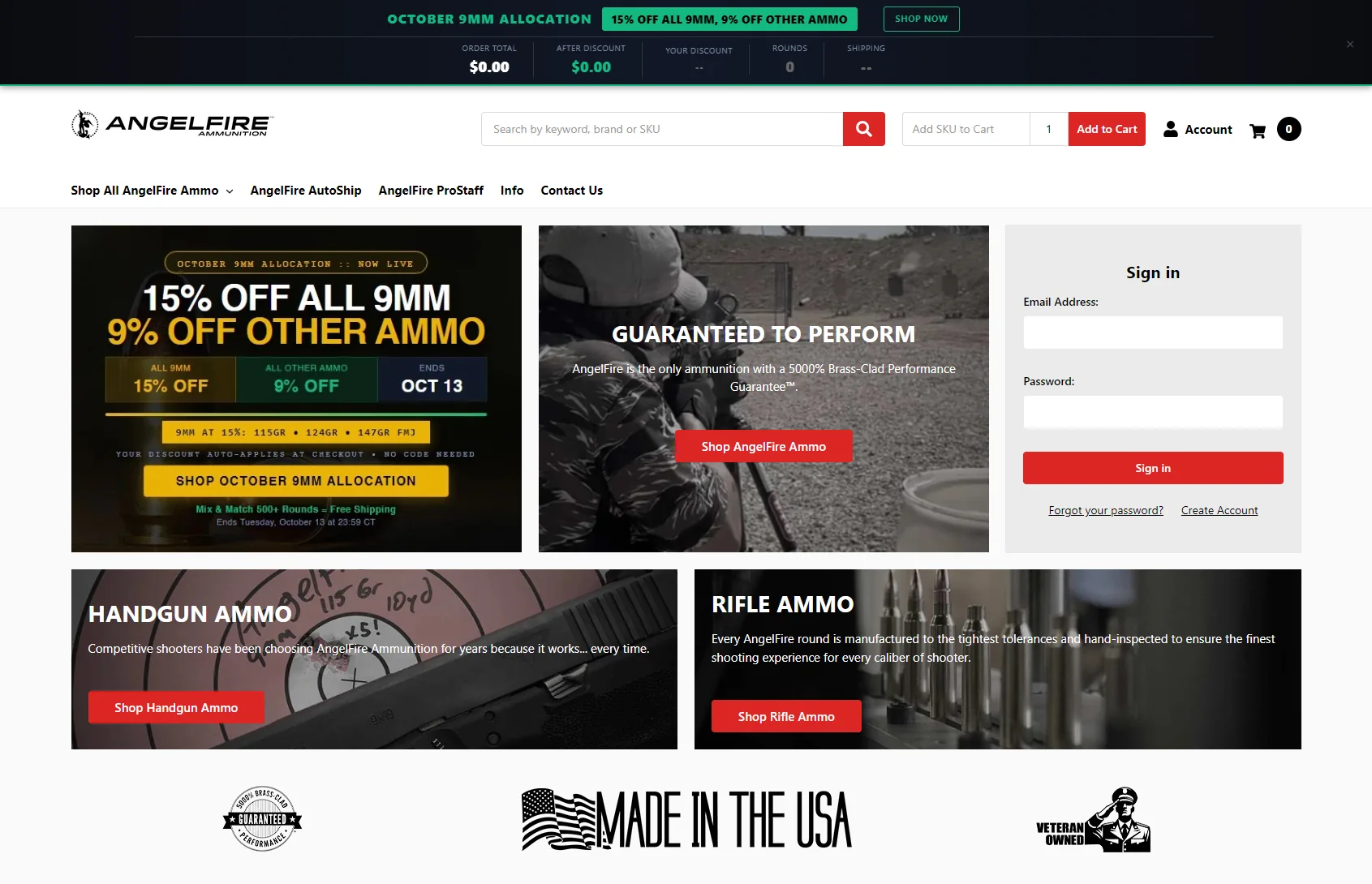 AngelFire Ammunition's online store on a desktop screen: a custom October allocation banner with a live order total and discount, the header and search, a promotion tile, a Guaranteed to Perform tile, handgun and rifle category tiles, and a Made in the USA band.