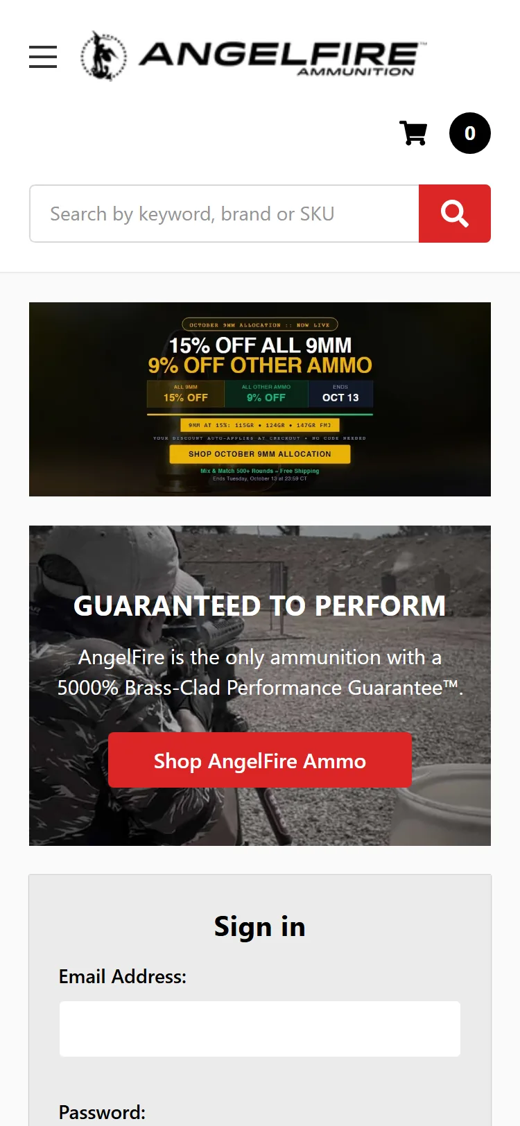 The same store on a phone: a compact header with menu and cart, search, and the promotion and Guaranteed to Perform tiles stacked.