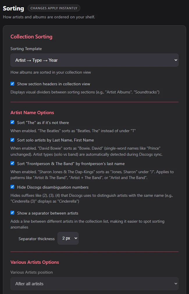 Sorting settings: the sorting template, section headers, and the artist name rules for "The", last name first, frontperson bands and Discogs disambiguation numbers.