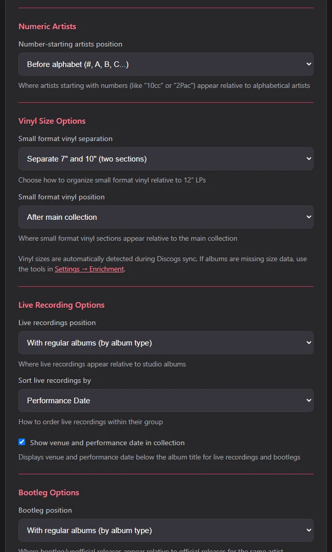 More sorting settings: where numeric artists go, separate sections for 7 inch and 10 inch vinyl, and where live recordings and bootlegs file.