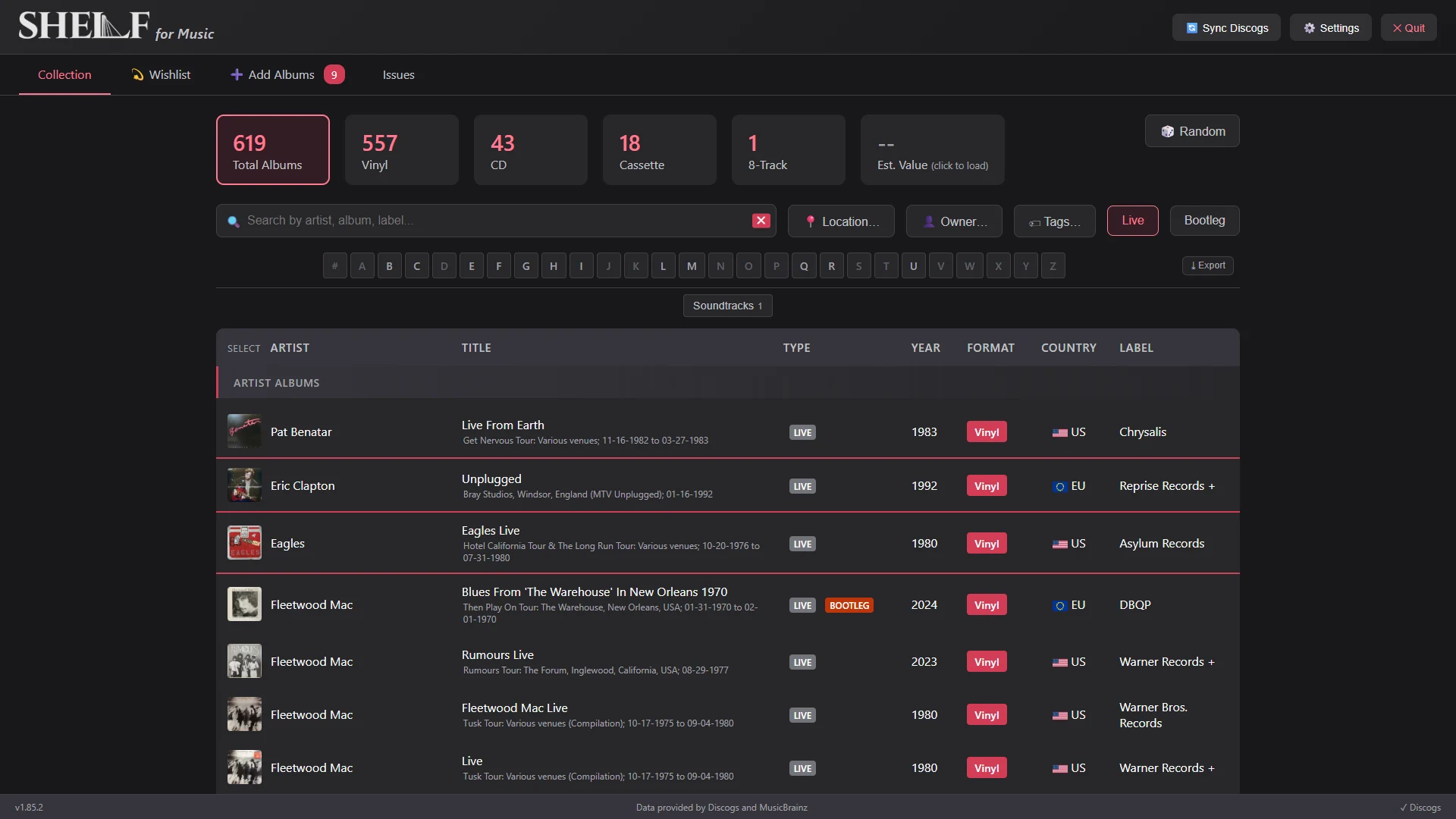 The Live filter: live albums with the tour, venue and performance date under each title, one marked as a bootleg.
