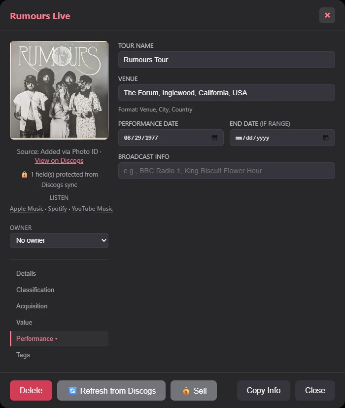 A live album's performance details: Rumours Tour, The Forum, Inglewood, California, on August 29, 1977.