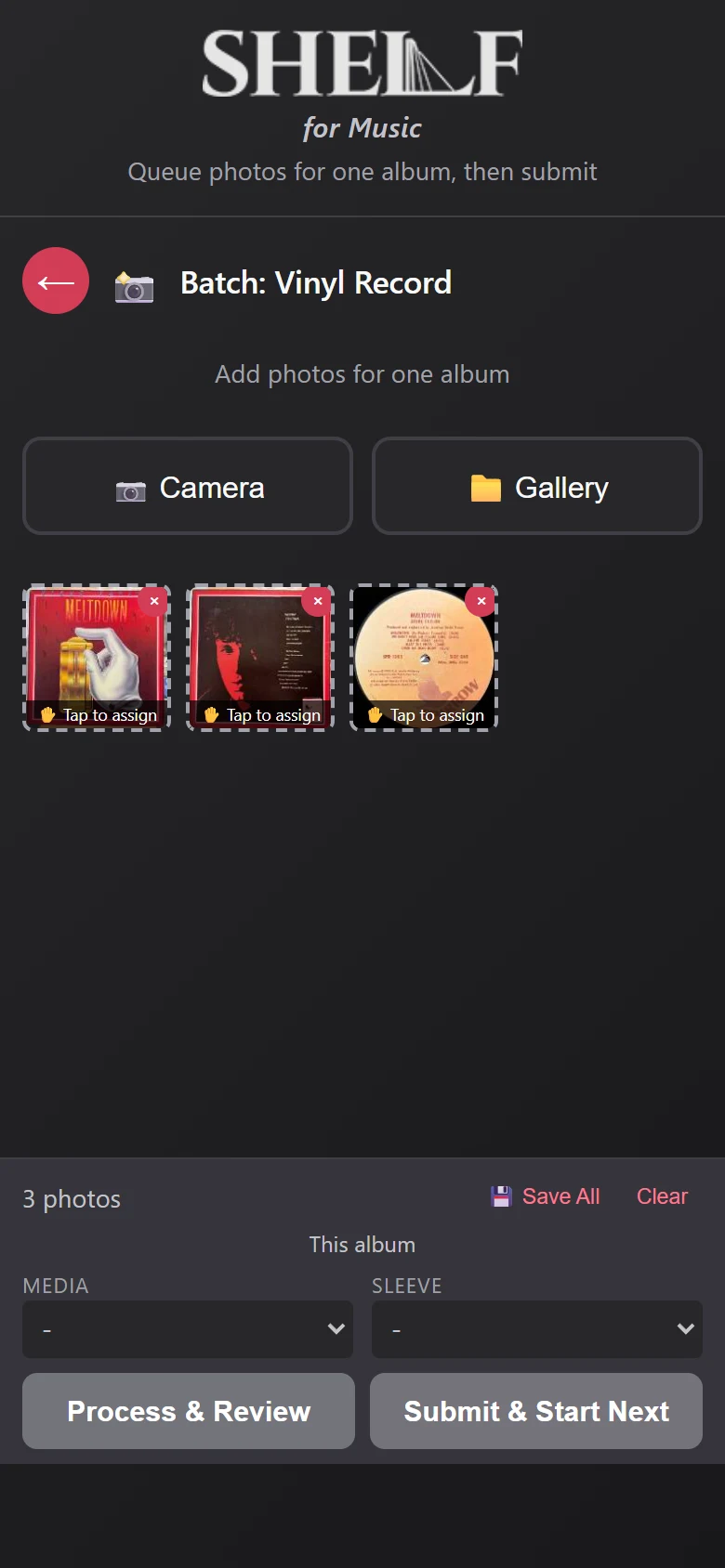 Phone capture: three photos of one album waiting to be assigned a scan type.