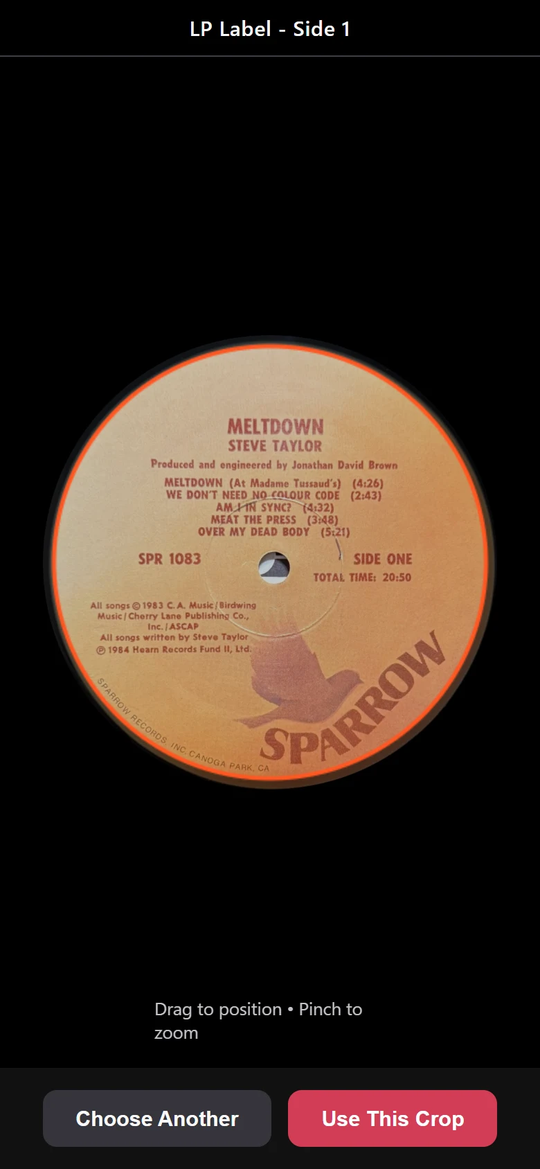 Phone capture: a Side 1 label photo lined up inside the round label guide.