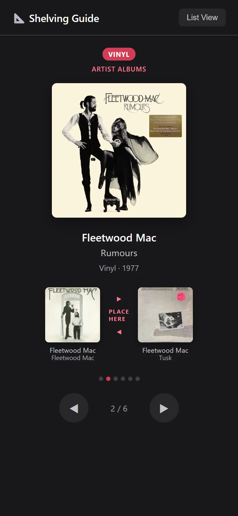 The Shelving Guide's Walkthrough on a phone: Rumours, album 2 of 6, with the covers of Fleetwood Mac and Tusk on either side of Place here.