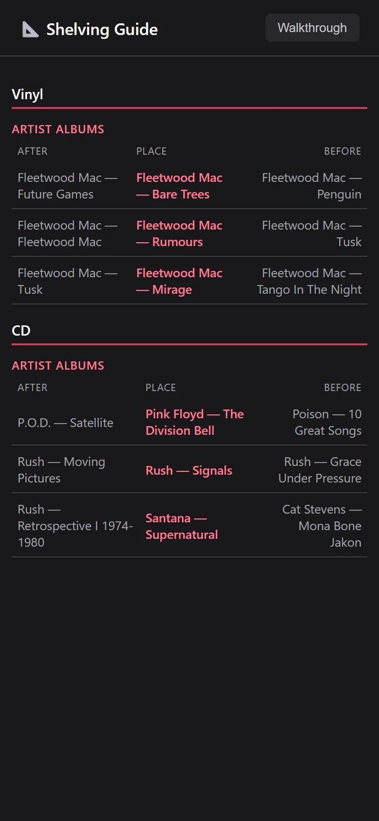 The Shelving Guide report on a phone: for each album, the record it goes after and the record it goes before, in Vinyl and CD sections, with a Walkthrough button at the top.