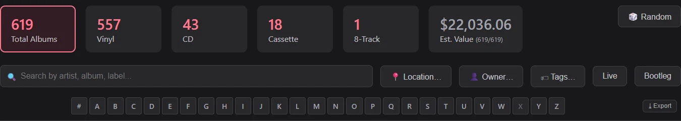 The collection view with the estimated value card opened, above the search box, the filter buttons and the A to Z bar.