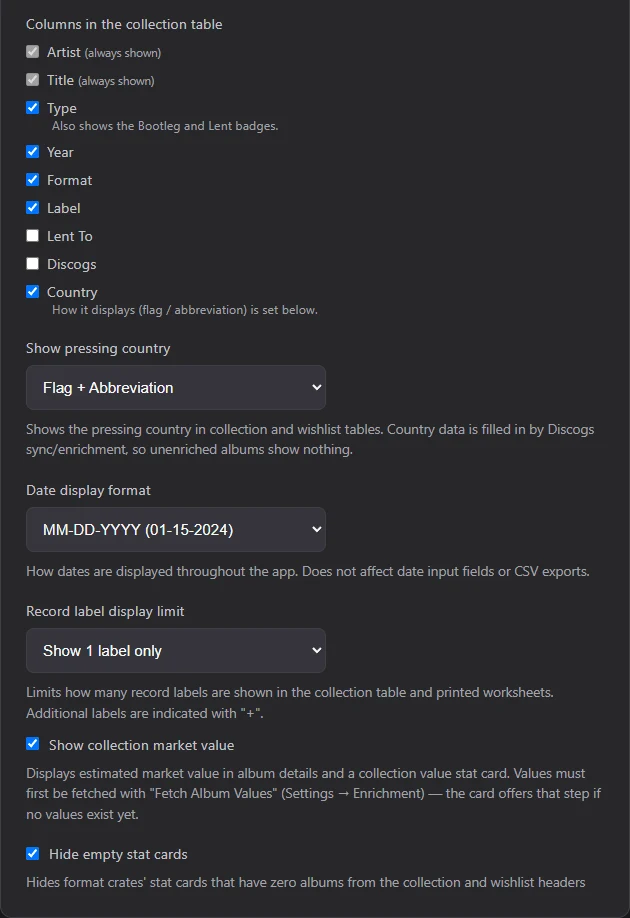Display settings, including the switch that shows or hides the collection's market value.