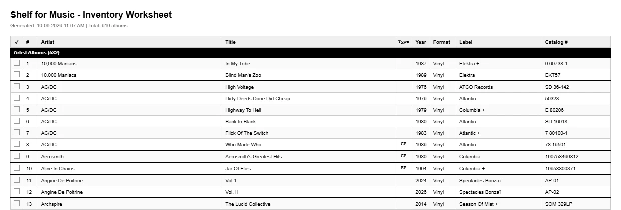 A printed inventory worksheet: a checkbox and number for each record, with artist, title, year, format, label and catalog number, grouped by section.