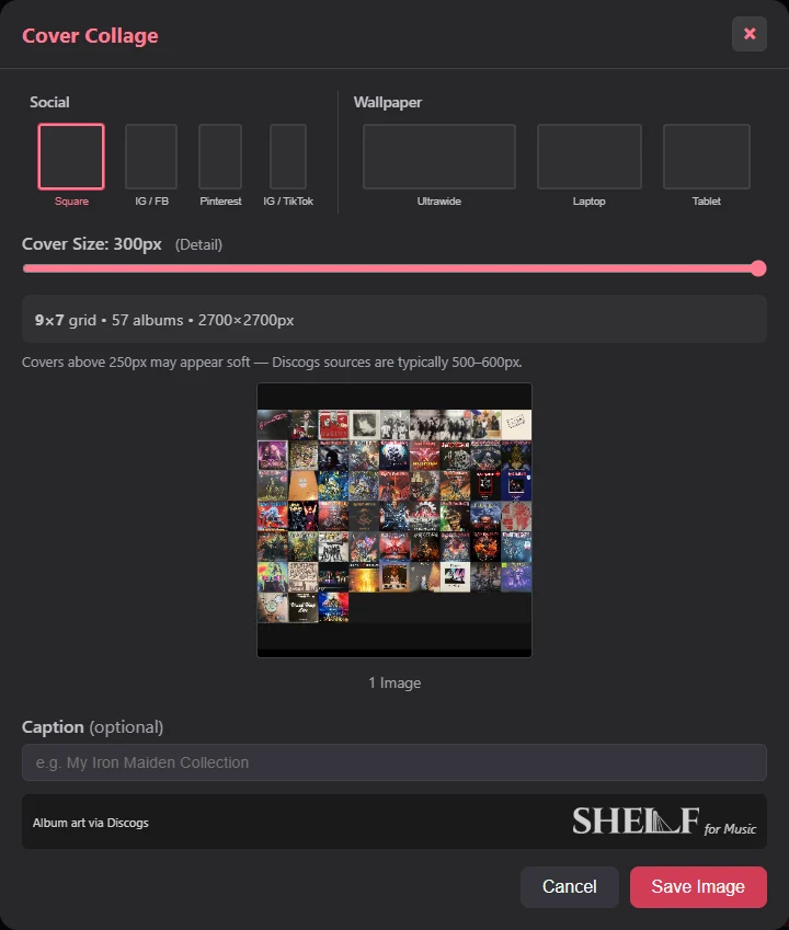Cover Collage: covers from the Live filter arranged in a square grid, with size presets for social posts and wallpapers, a caption field, and the footer Album art via Discogs.