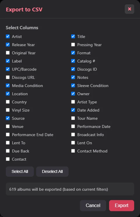 Export to CSV: a checklist of 29 columns, from artist and title to condition, location and tour name.