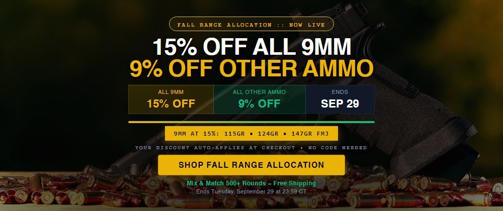 Homepage carousel slide for the Fall Range Allocation promotion, with the offer, end date and a shop button.