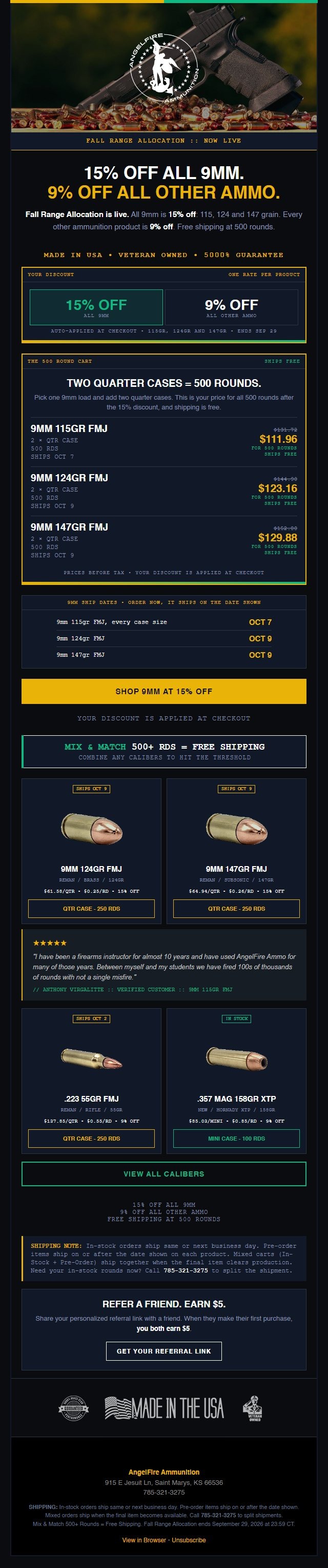 The launch email for the Fall Range Allocation promotion, from hero image to footer.