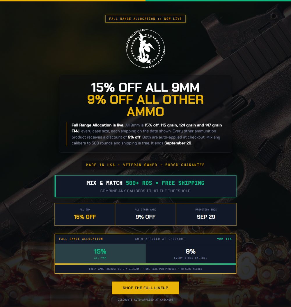 The top of the campaign landing page, with the offer and the free shipping threshold.