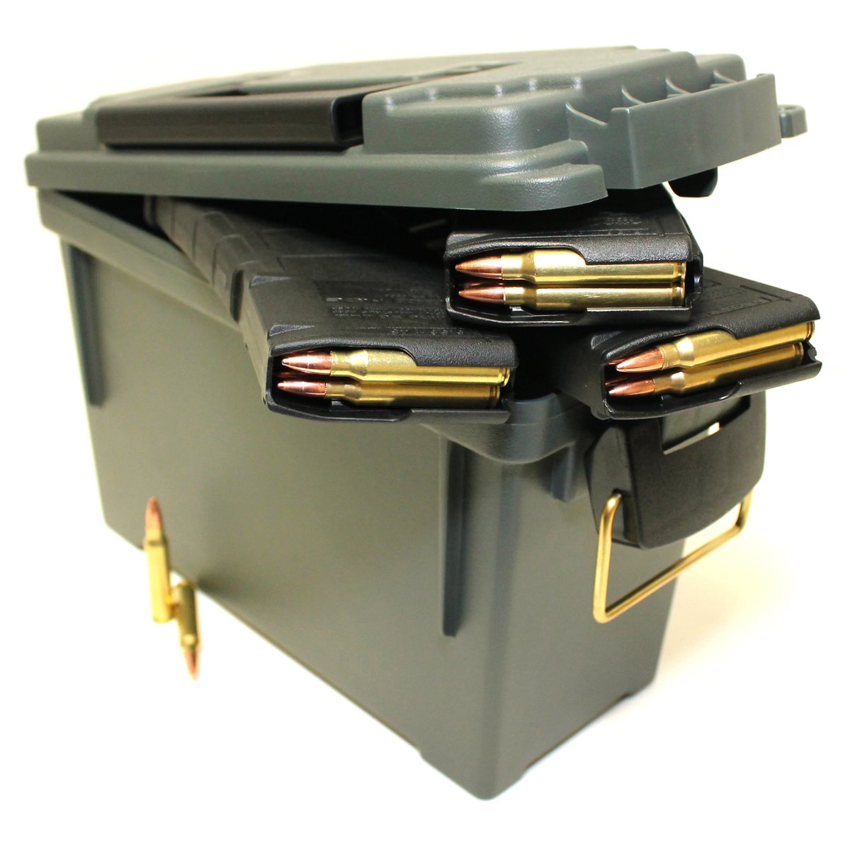 An ammo can packed with loaded rifle magazines, one round standing beside it.