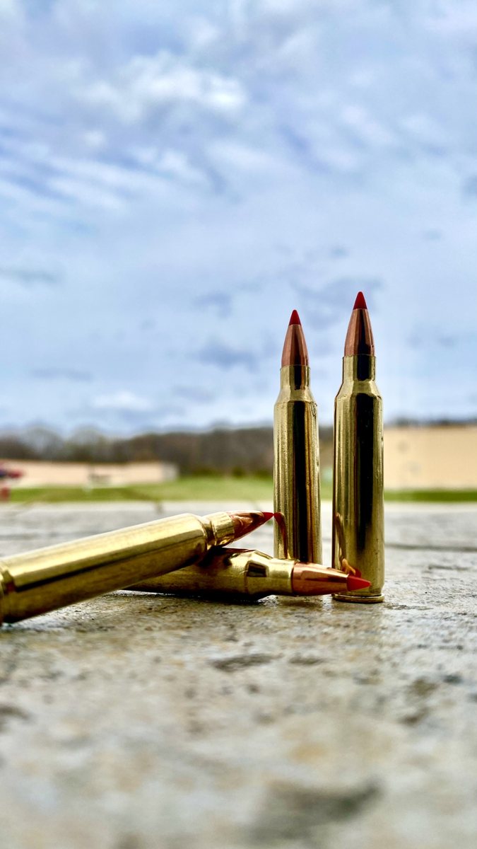 .223 rounds with red polymer tips staged outdoors under a cloudy sky.